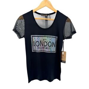 Jane & John London Boutique Black Mesh Graphic Tee Holographic Rhinestone NWT